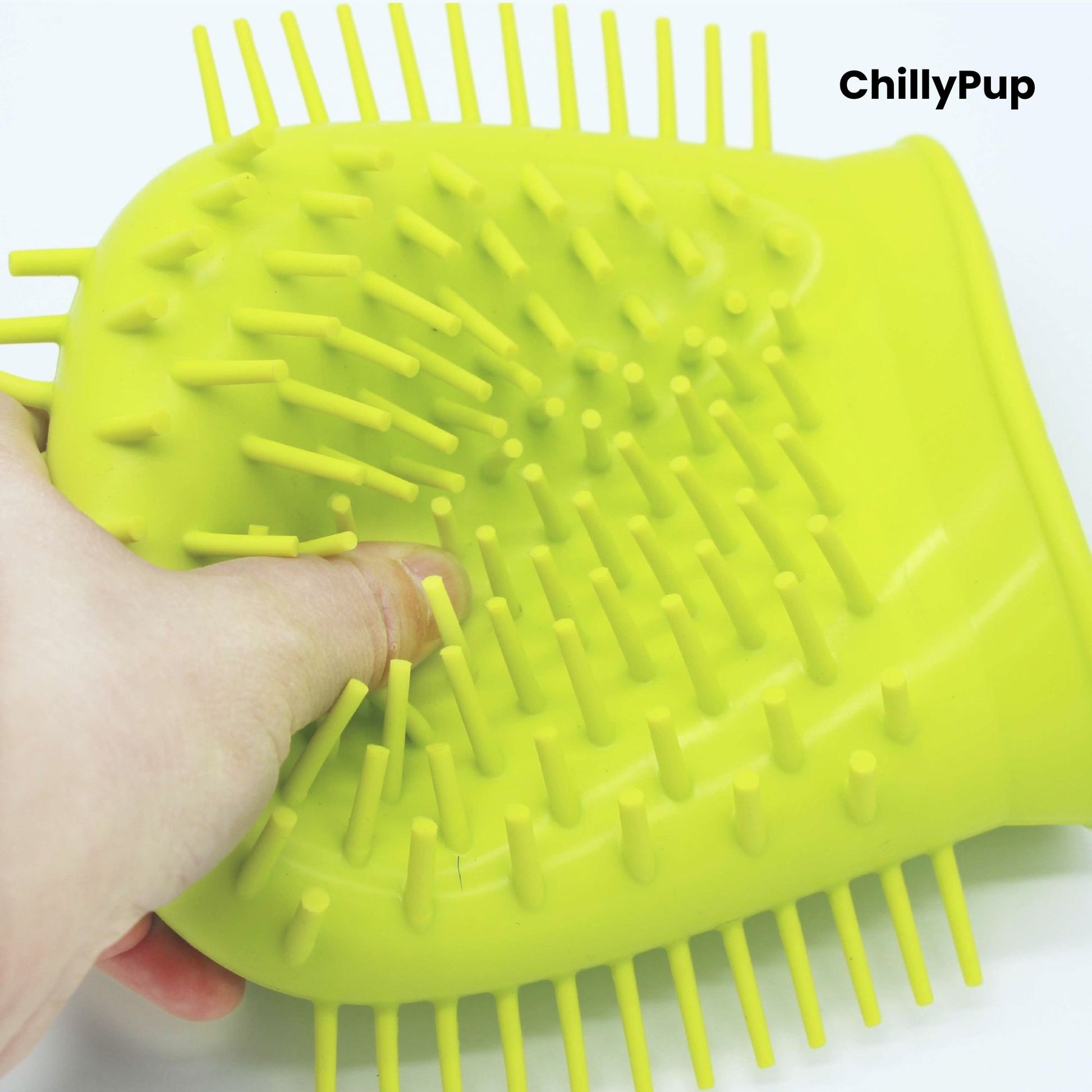 Yellow silicone dog Paw cleaner with 'ChillyPup' branding on a white background