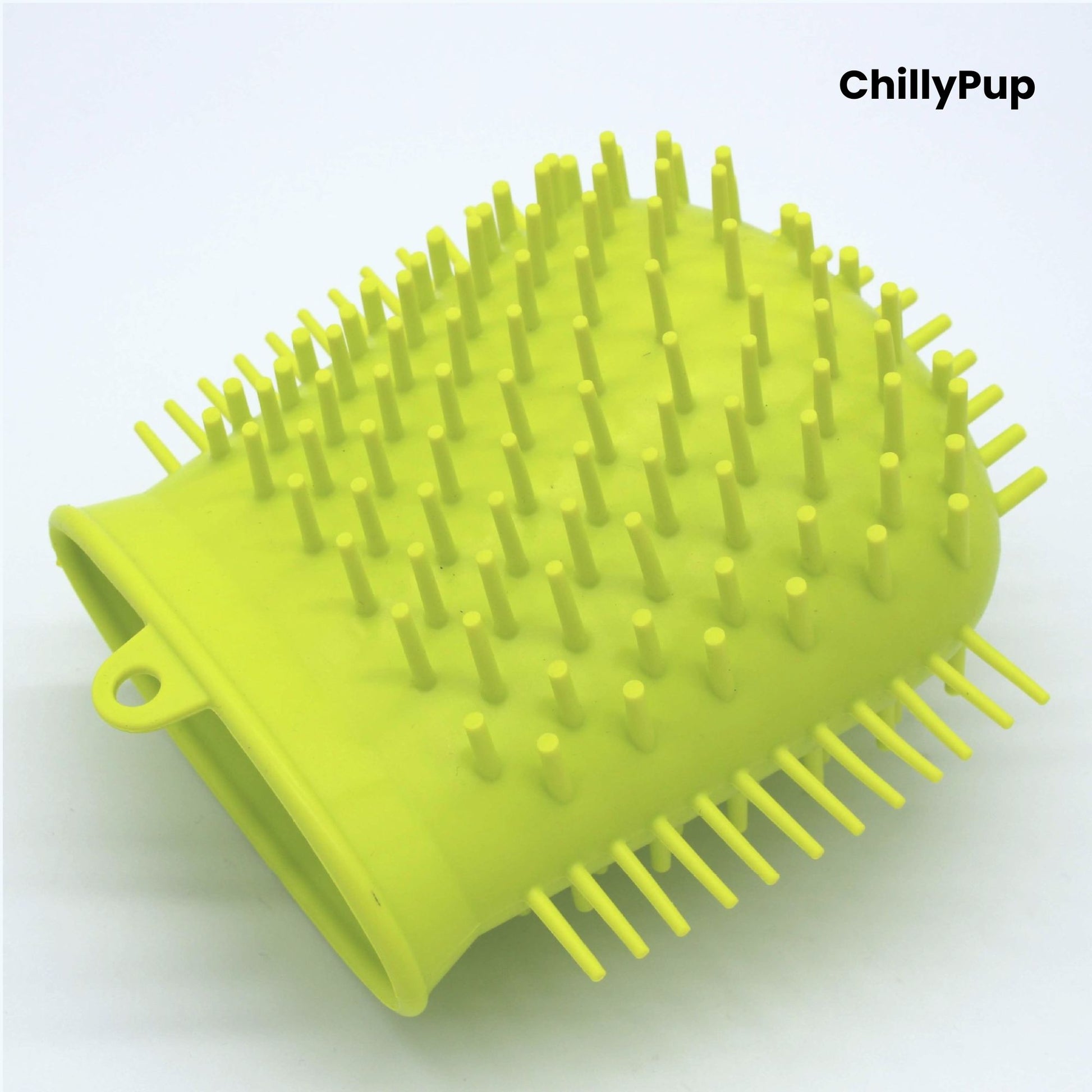 Yellow silicone dog Paw cleaner with 'ChillyPup' branding on a white background