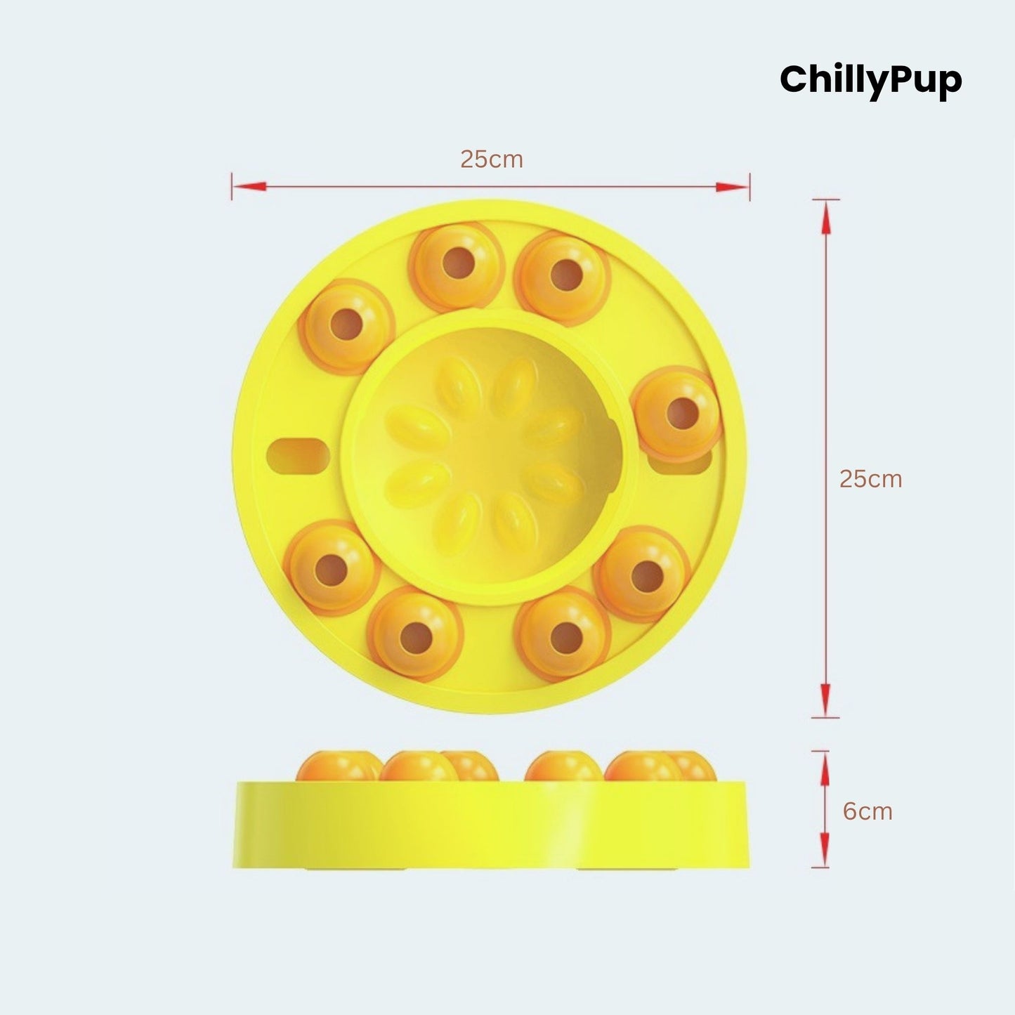 Circular dog toy with yellow design showing sizes on a light grey background, branded 'ChillyPup'