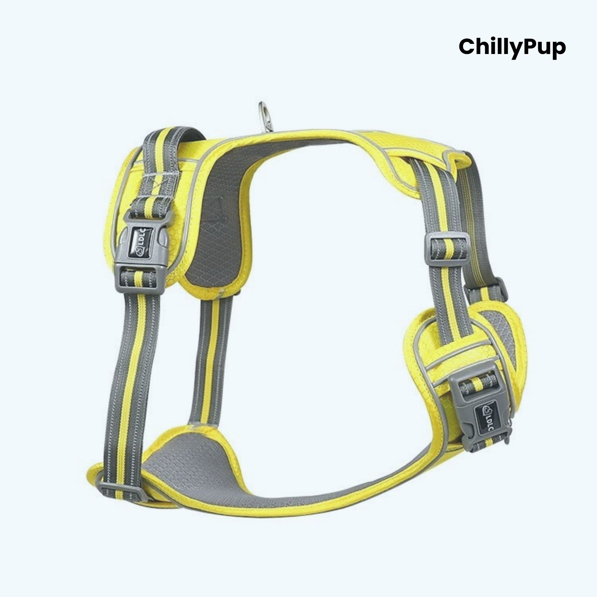Yellow dog harness with grey straps on a white background, branded 'ChillyPup'.
