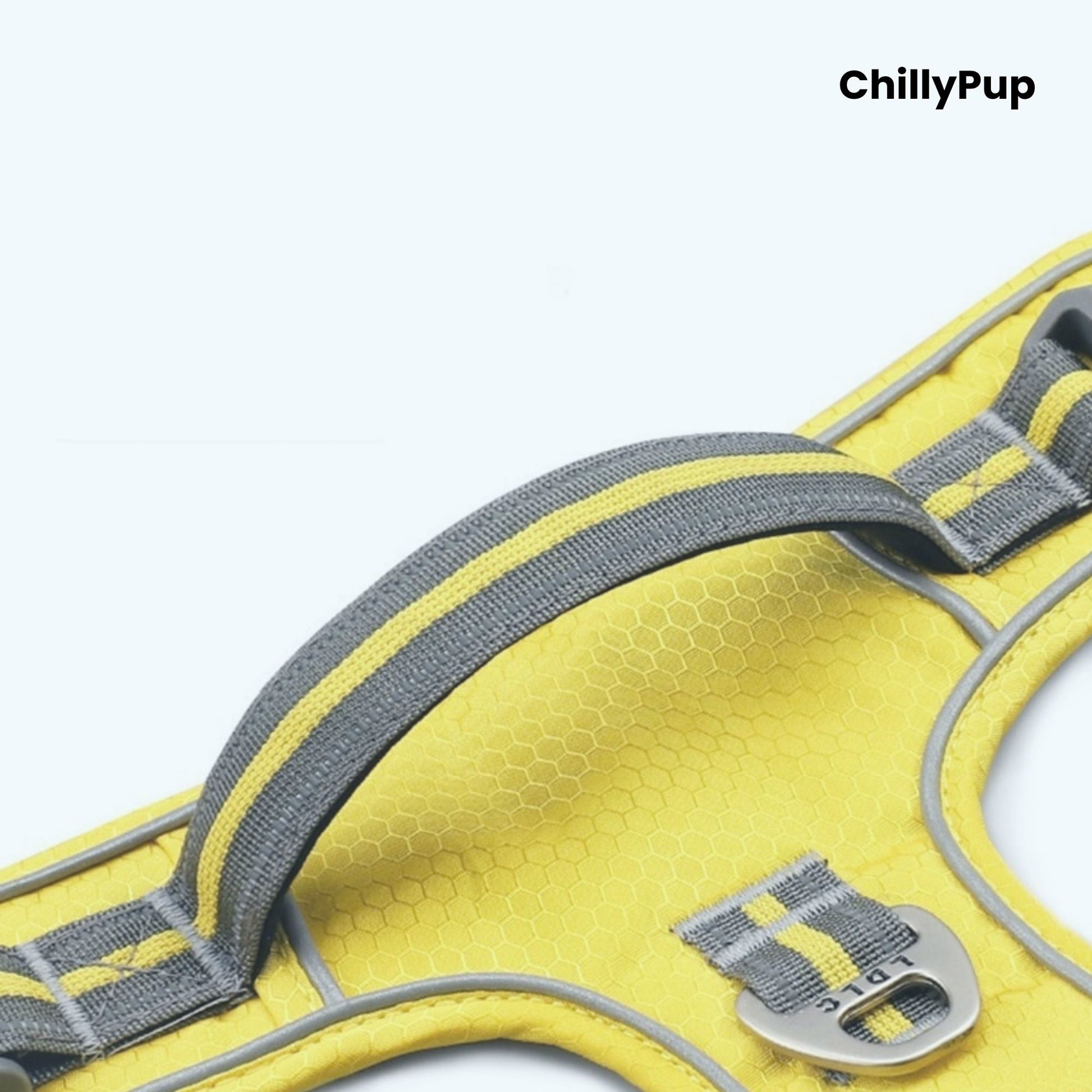 Yellow dog harness with grey straps on a white background, branded 'ChillyPup'.