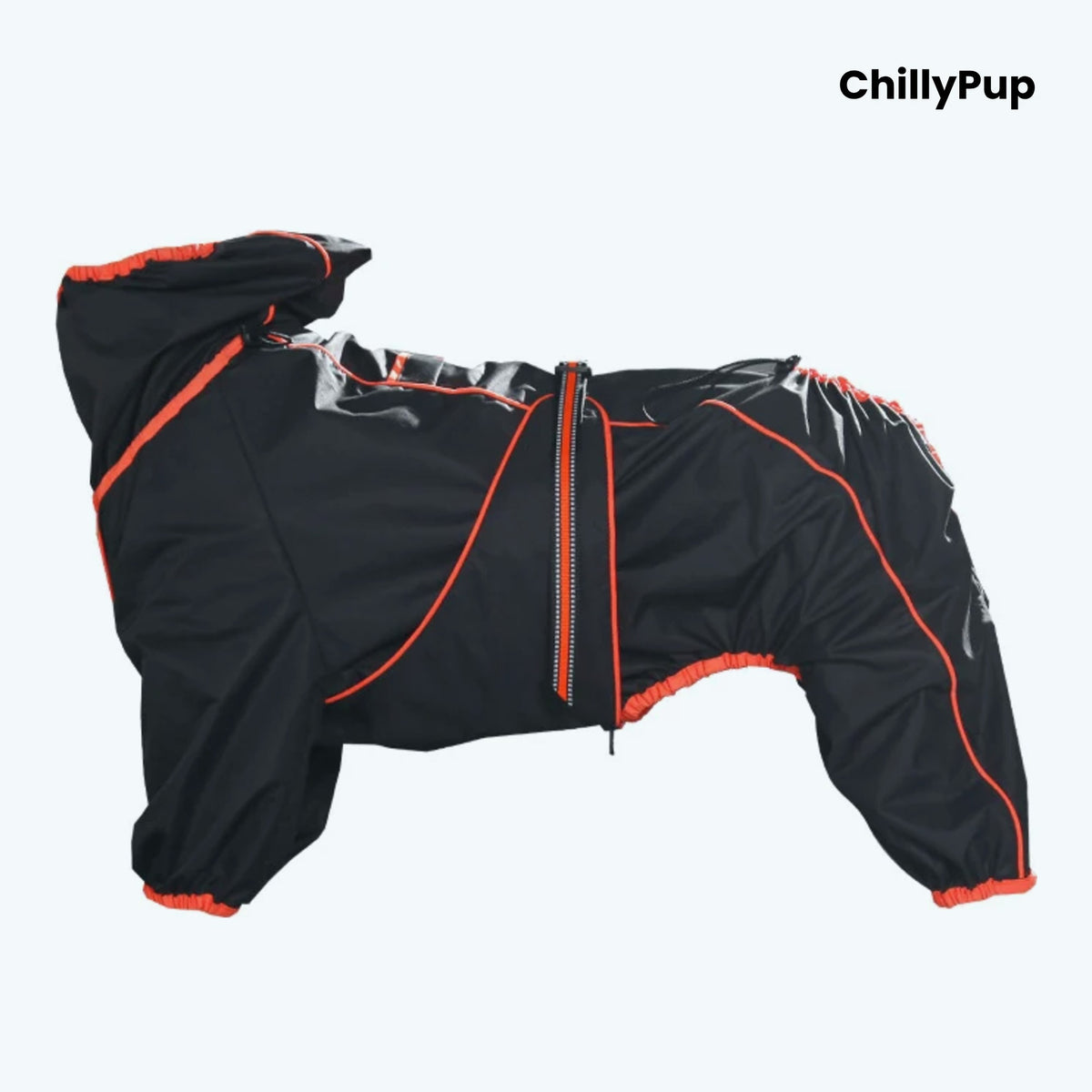 Cloudburst Belly-Zip Dog Suit in Black with orange reflective piping
