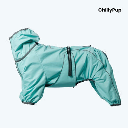 Cloudburst Belly-Zip Dog Suit in Mint Green, full-body waterproof softshell