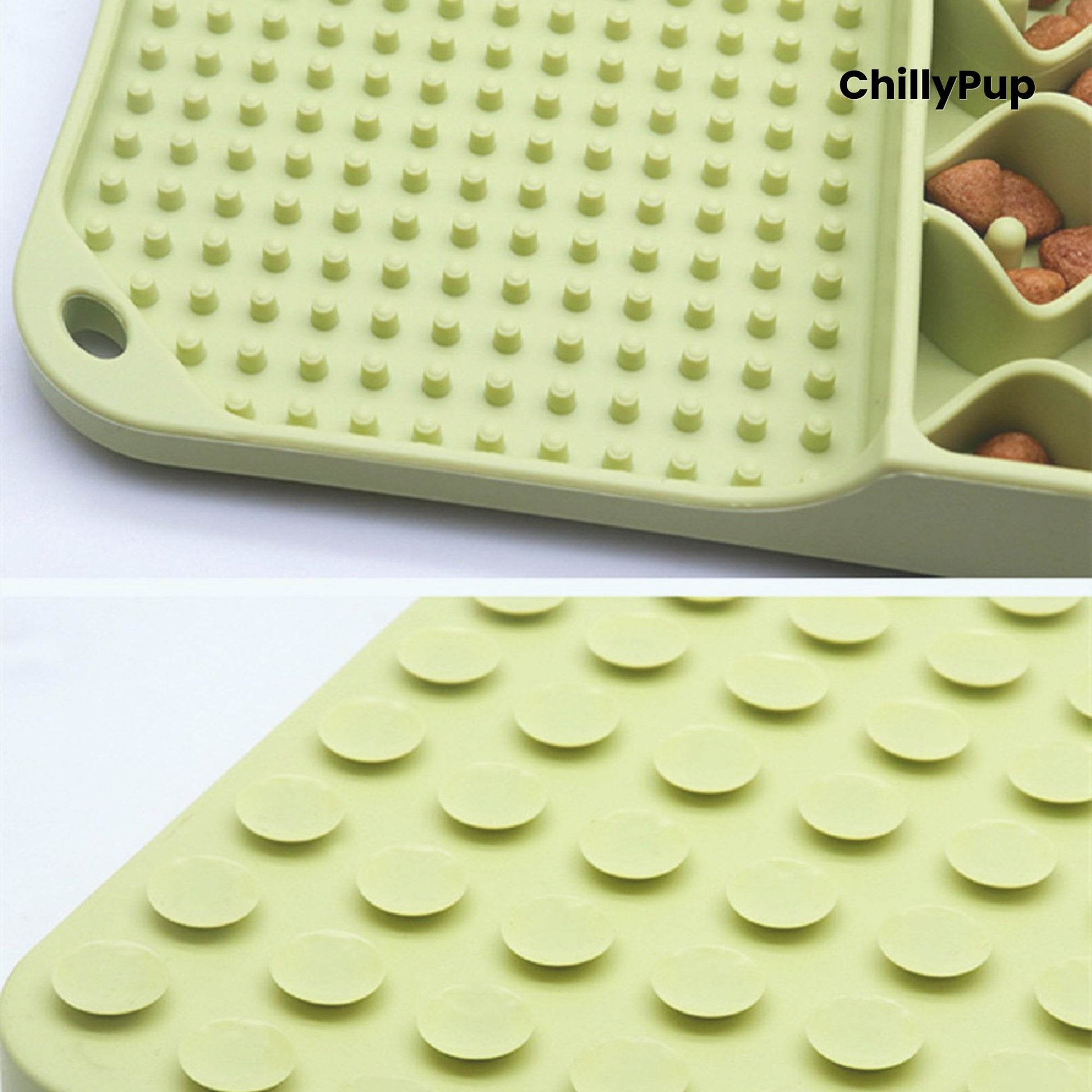 Green silicone mat with textured surface and compartments for treats, branded 'ChillyPup'