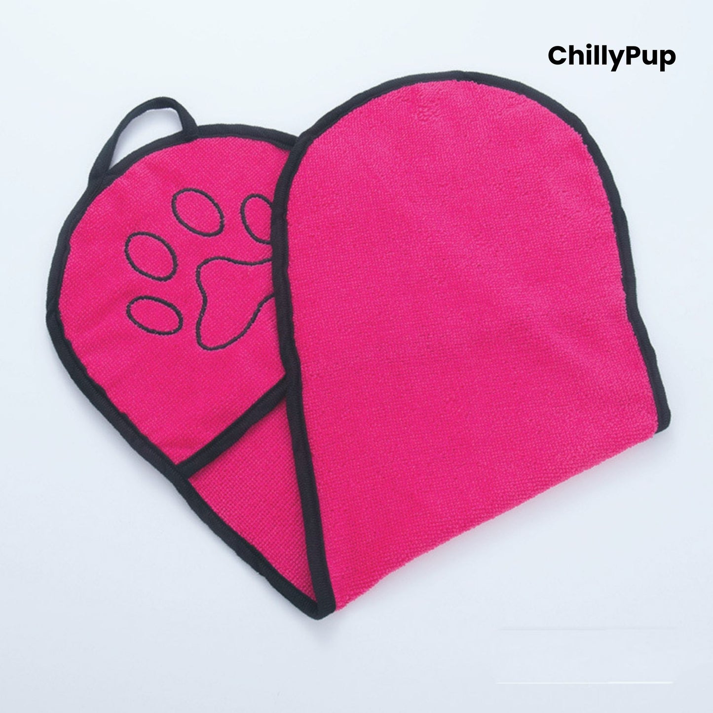 pink pet grooming mitt with paw print design on a light grey background, branded 'ChillyPup'.
