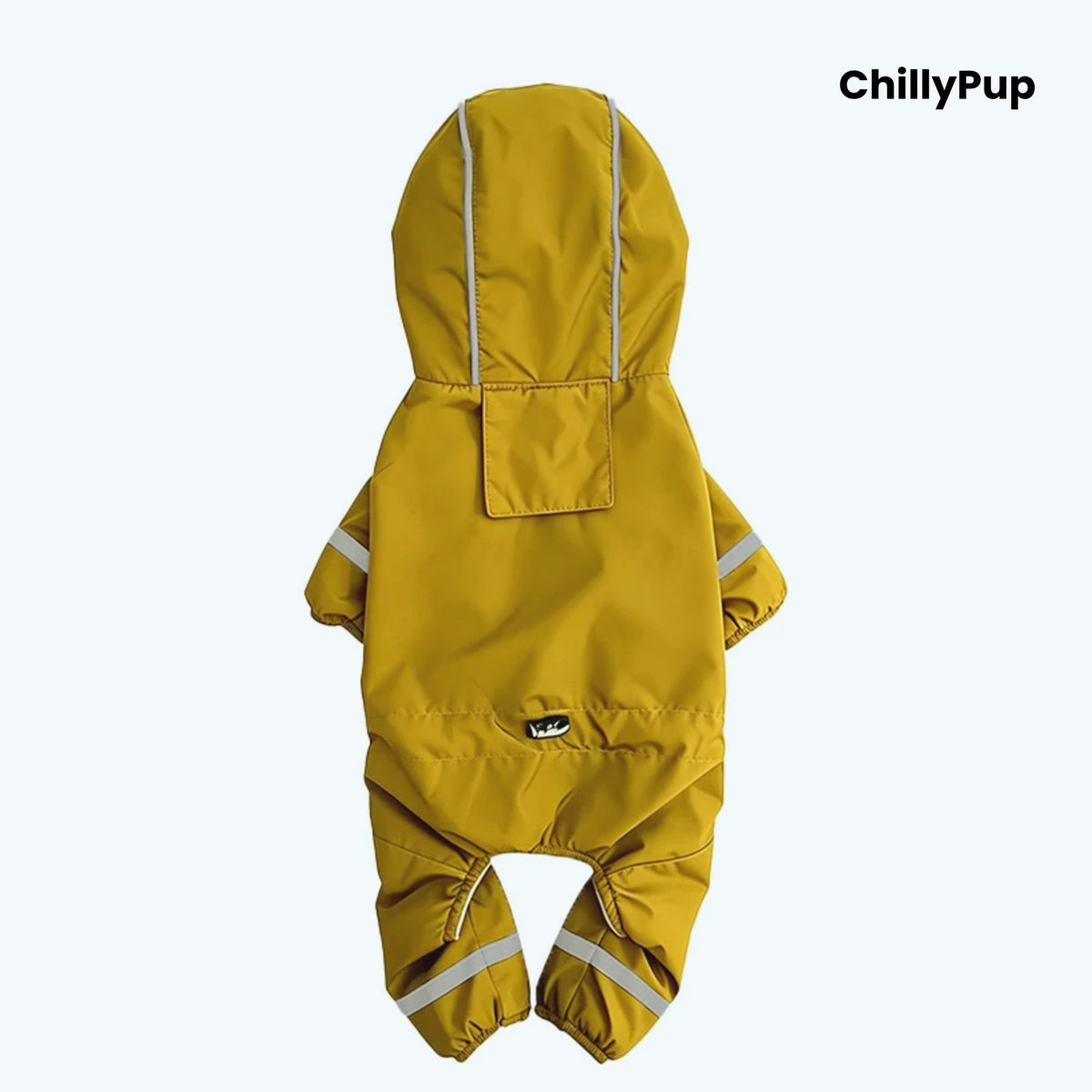 Puddle Jumper Fleece-Lined Dog Raincoat in Mustard, back view with reflective hood trim