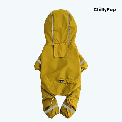 Puddle Jumper Fleece-Lined Dog Raincoat in Mustard, back view with reflective hood trim