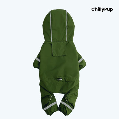 Puddle Jumper Fleece-Lined Dog Raincoat in Olive, back view showing the hood and lead opening