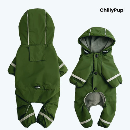 Puddle Jumper Fleece-Lined Dog Raincoat in Olive, front and back views
