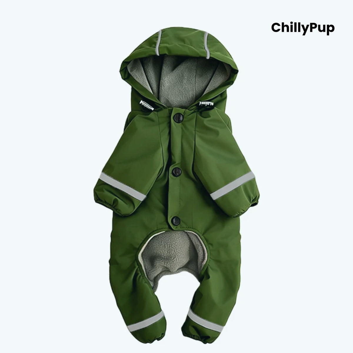 Puddle Jumper Fleece-Lined Dog Raincoat in Olive, front view with press-stud fastening