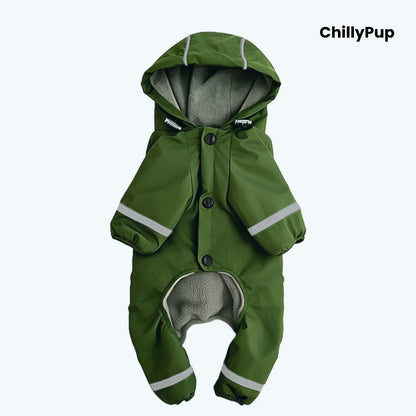Puddle Jumper Fleece-Lined Dog Raincoat in Olive, front view with press-stud fastening