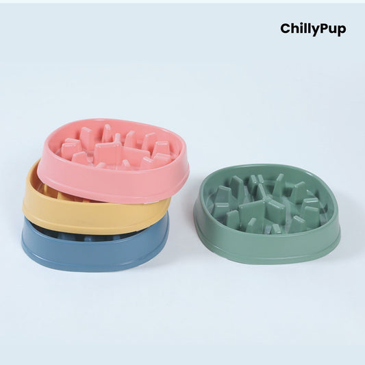 Set of colorful dog food bowls with 'ChillyPup' branding on a light blue background
